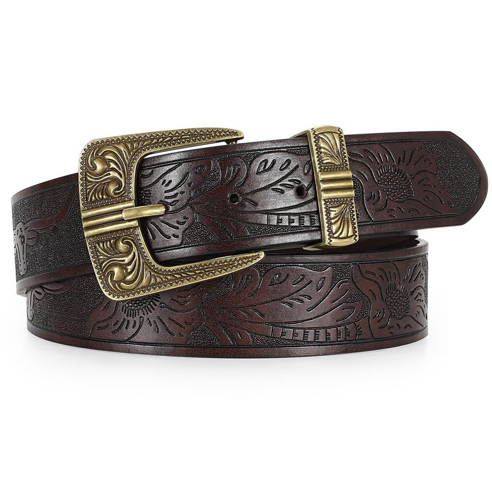 5429 Men Women Western Leather Belts Vintage Engraved Cowboy Cowgirl Belt